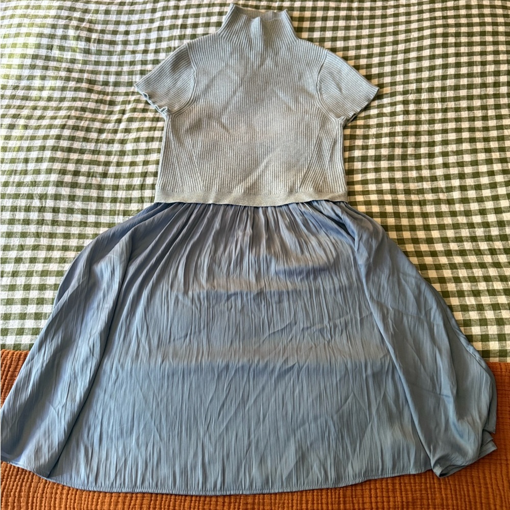 NWOT Anthropologie Blue Ribbed/Satin Sweater Dress